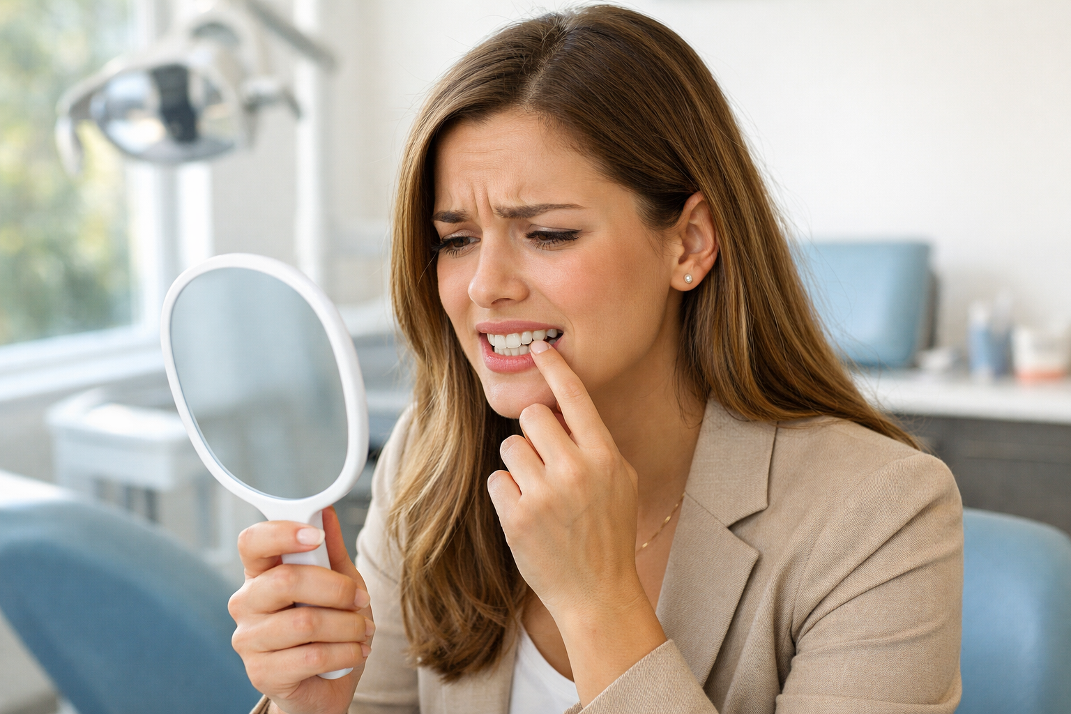 Professional woman looks in a handheld mirror unhappy with a dental restoration. She is in a clean modern office. 