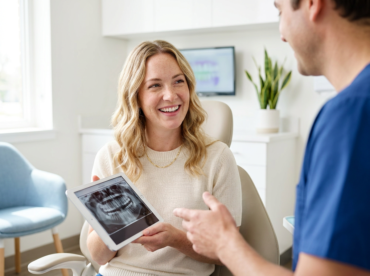 Smiling patient in a bright dental consultation room holding a tablet that shows digital dental images while discussing treatment with a dentist; the environment is minimalist and welcoming with soft, neutral colors and natural light. The composition focuses on the interaction and the screen, with a gently blurred background to reduce distractions.
